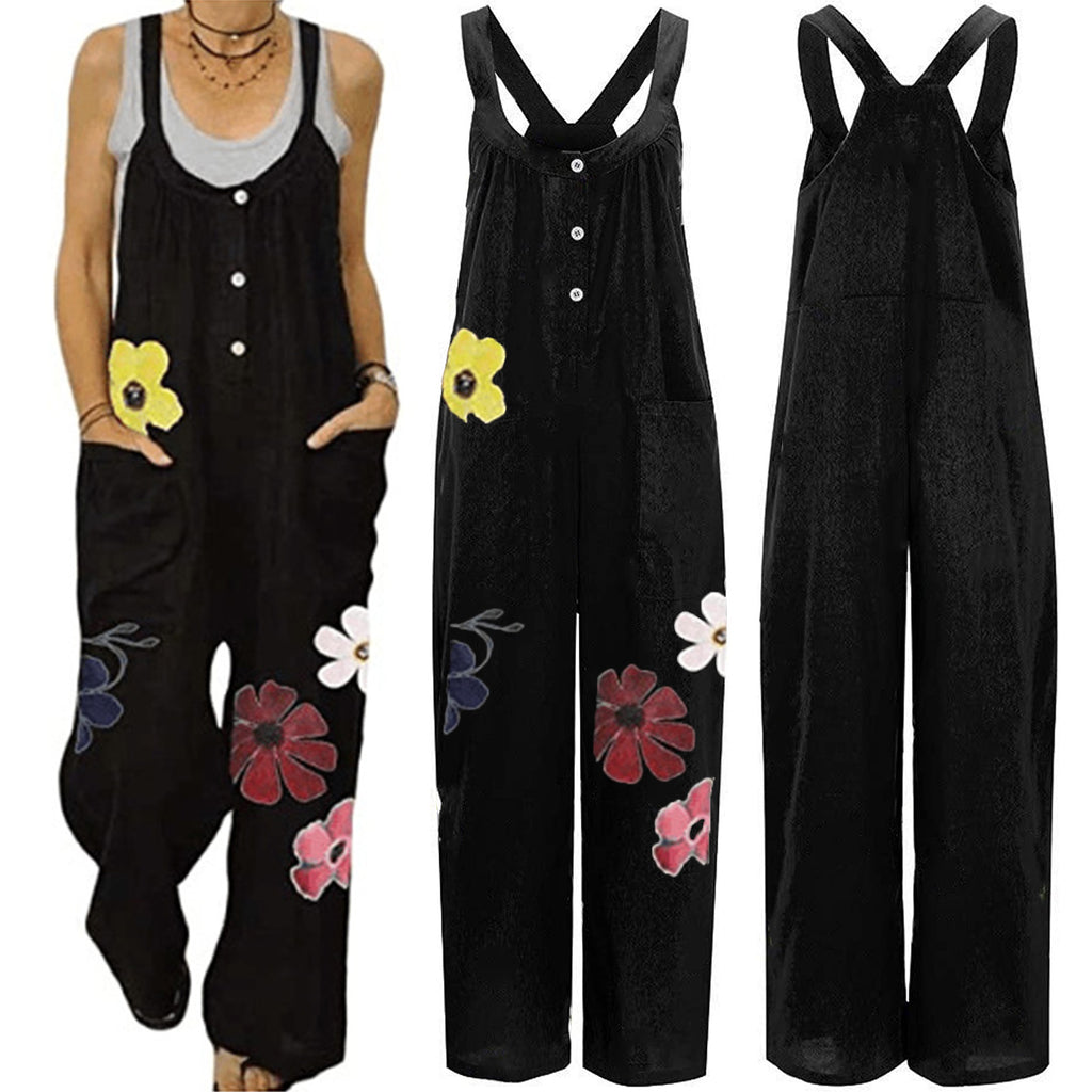 Ebay Foreign Trade Cotton And Linen Solid Color Elastic Button Jumpsuit