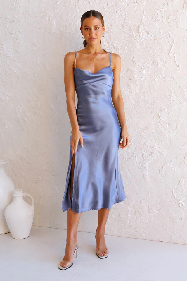 Sling Long Skirt Shiny Stretch Satin Slit Long Party Dress
