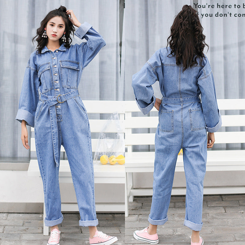 New casual loose waist tops jumpsuit tide bf tooling one-piece wide leg jeans