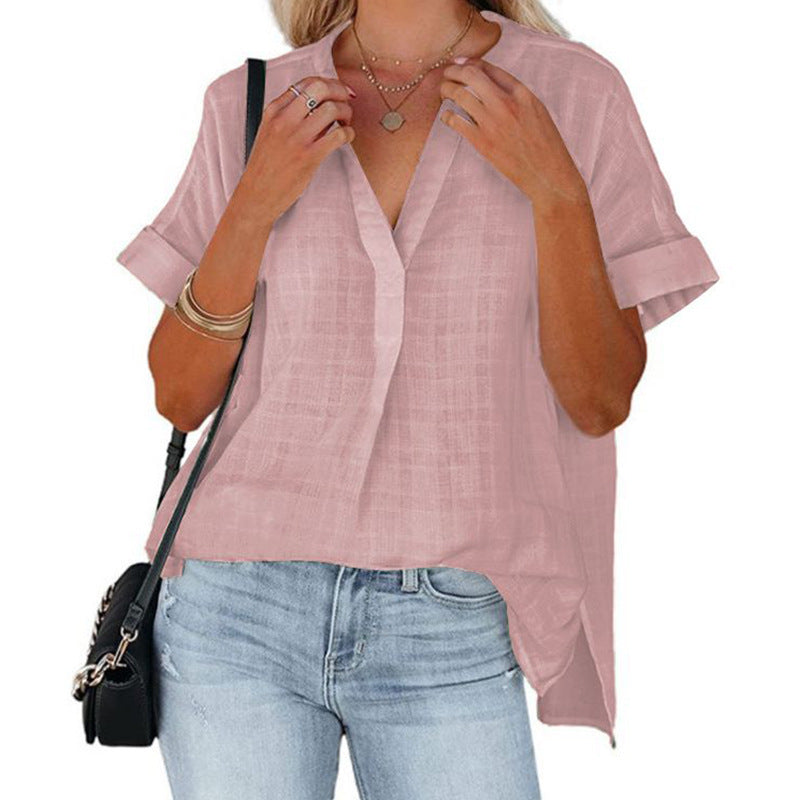 Summer Loose Shirt For Women Short Sleeve Thin V-Neck Pullover Shirt