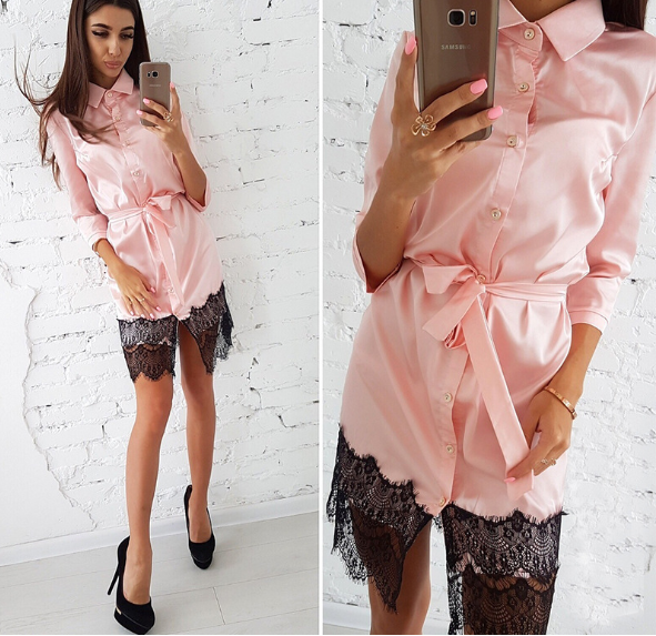Woman Sexy Lace Button Patchwork Mini Dress Casual Three Quarter Sleeve Sashes Straight Dresses Spring Autumn Female Party Dress