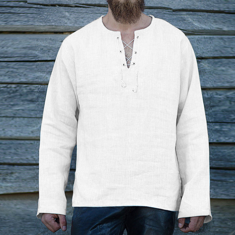 Solid Color Lace-up Loose V-neck Long-sleeved T-shirt Men