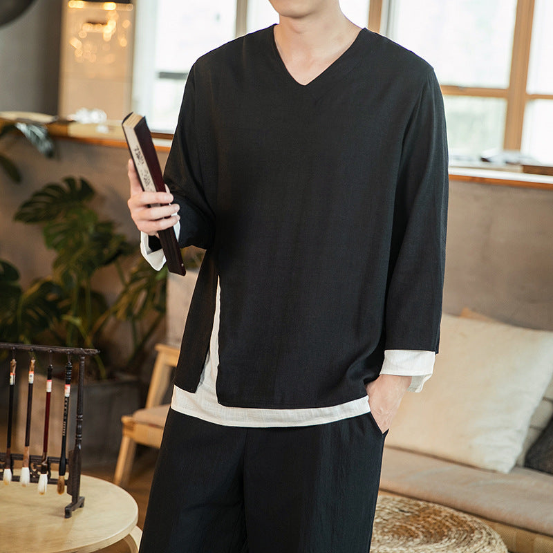 Linen Fake Two-Piece Loose T-Shirt Casual Top