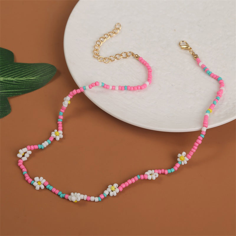 Bohemian Handwoven Rice Bead Flower Necklace