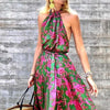 Women's Halter Neck Backless Print Panel Maxi Dress