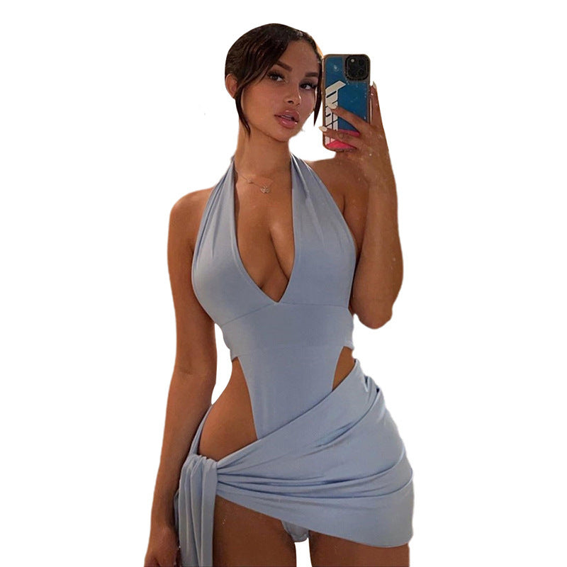 Sexy V-neck Halter One-piece Fashion Bag Hip Skirt Suit