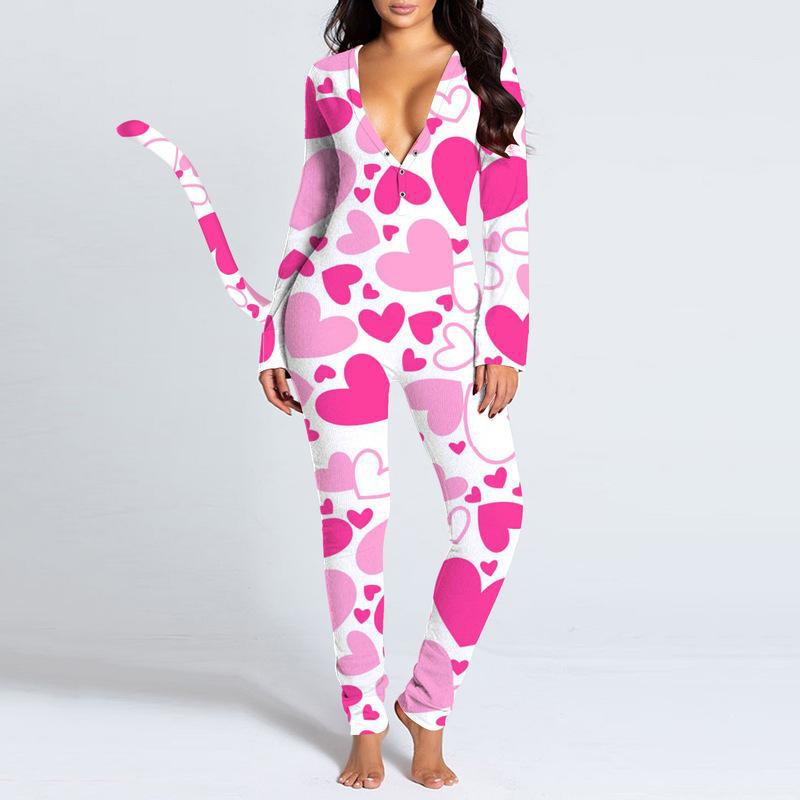 Women's V-neck Digital Printing Long-sleeved Button Tail Bodysuit