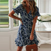 Printed V-Neck Tie High Waist Chiffon Floral Dress