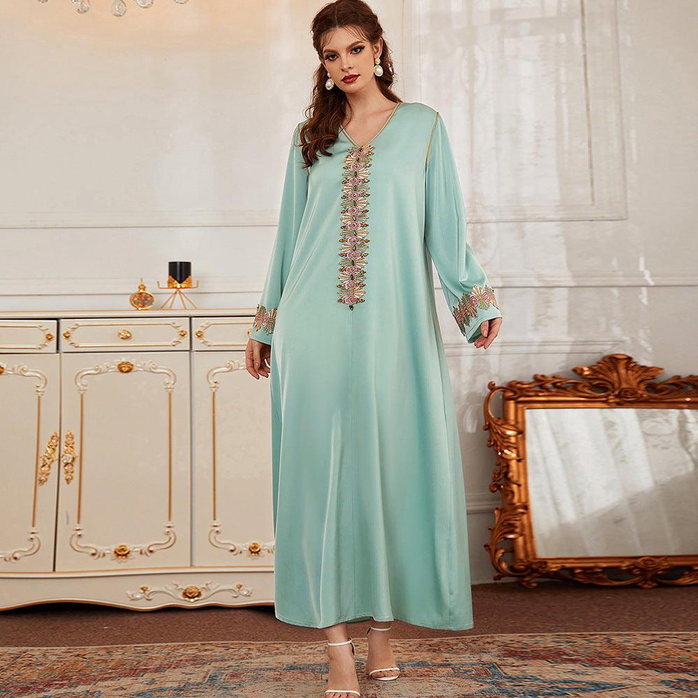 Mint Green Satin Embroidered Stud Drill Dubai Export New Dress