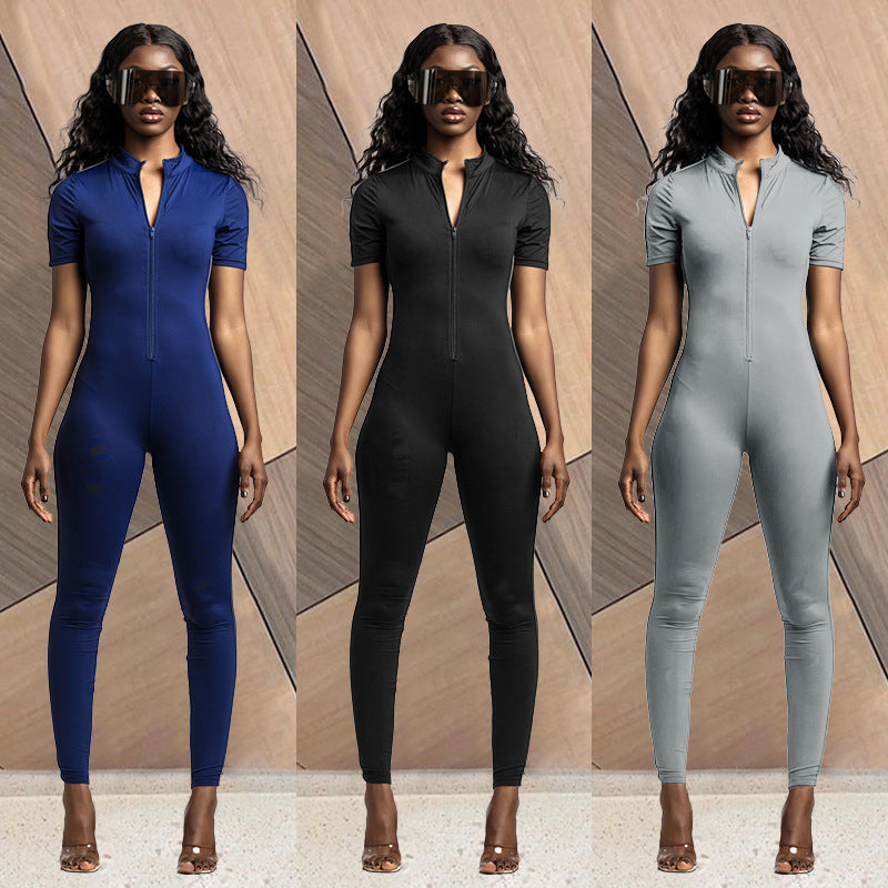 European And American Women's New Fashion Casual Sports Solid Color Jumpsuit
