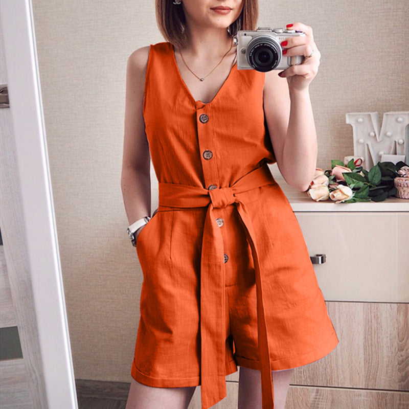 V-neck strapless jumpsuit with button belt