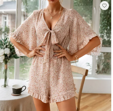 Ladies V-neck High-waisted Floral Wide-leg Pants