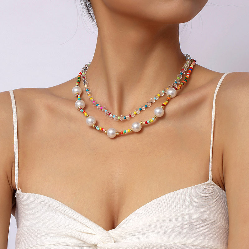 Bohemian Hand Woven Crystal Rice Bead Multilayer Necklace