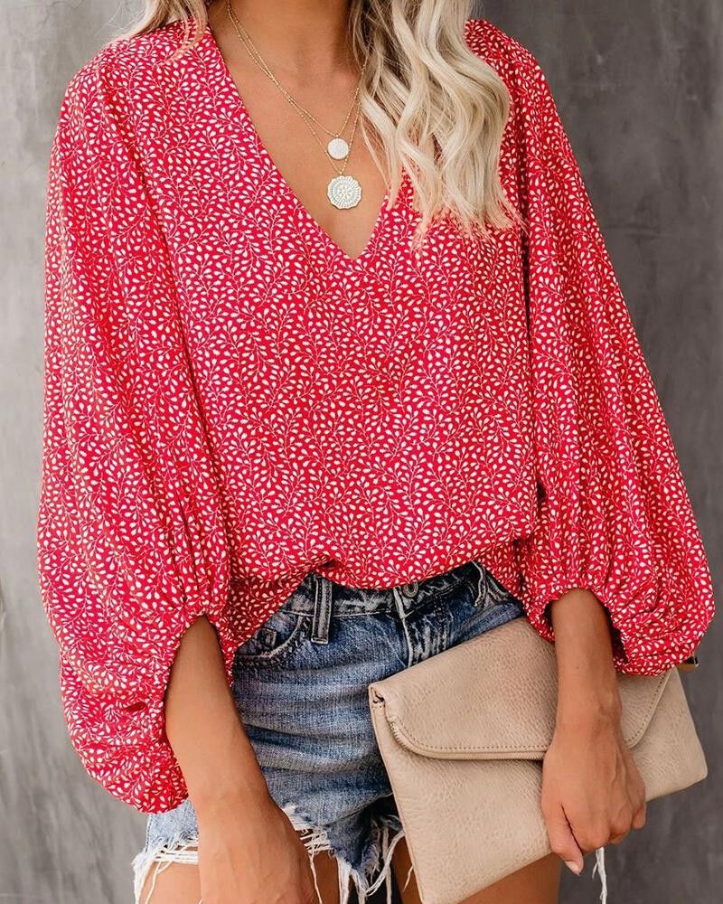 V-Neck Shirt Print Balloon Sleeve Top