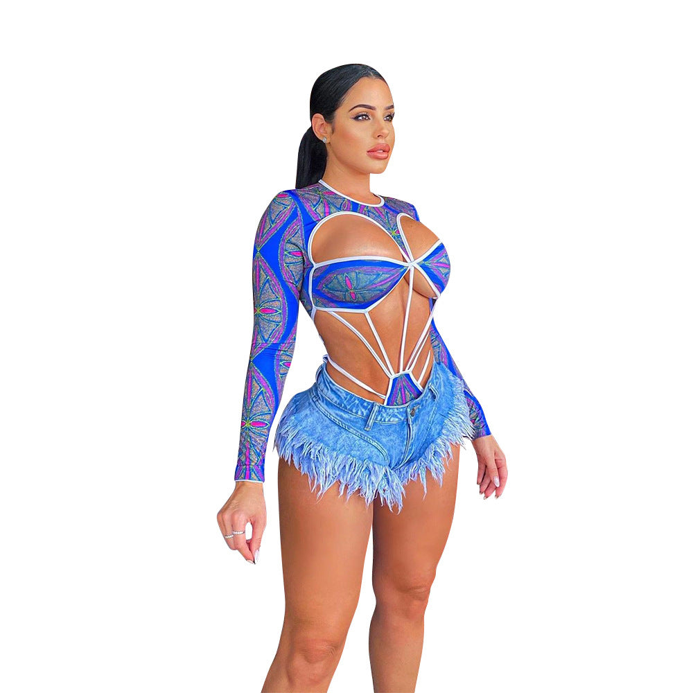 Sexy Hollow Digital Printed Long Sleeve Bodysuit