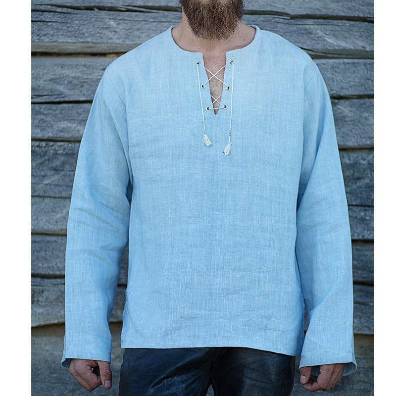 Solid Color Lace-up Loose V-neck Long-sleeved T-shirt Men