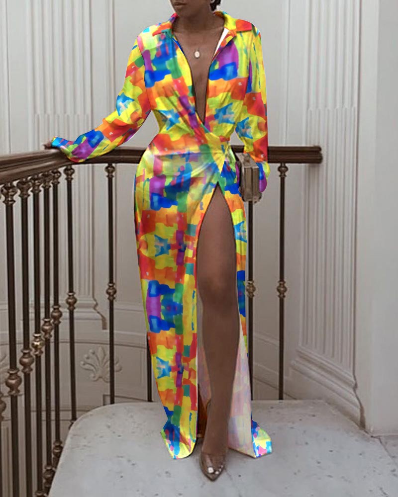 Women's Long Sleeved Print Dress With Slits