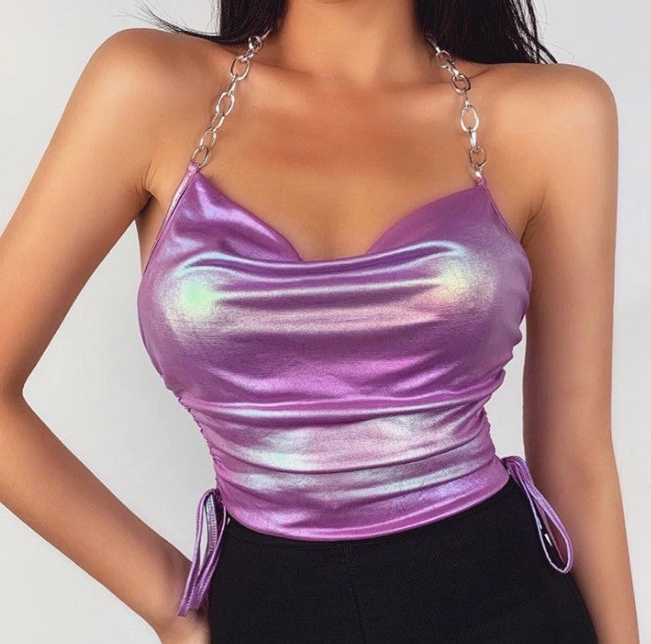 Summer Pleated Hanging Neck Chain Sling Vest