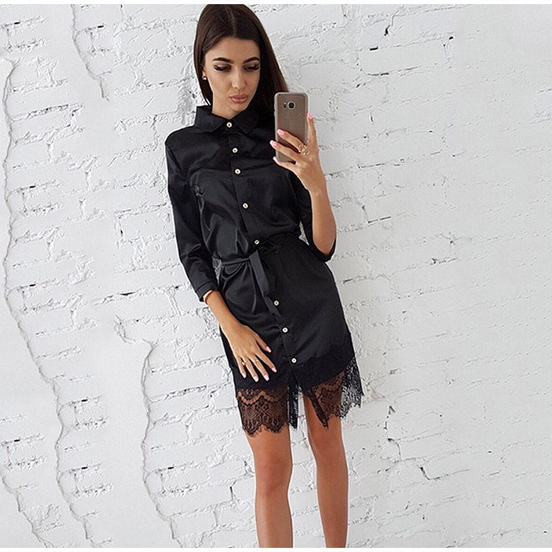 Woman Sexy Lace Button Patchwork Mini Dress Casual Three Quarter Sleeve Sashes Straight Dresses Spring Autumn Female Party Dress