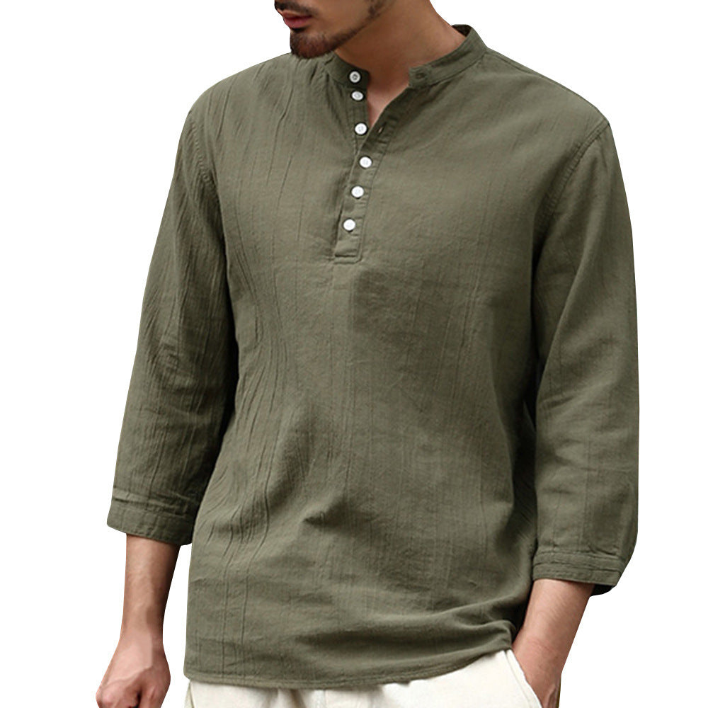 Solid Color Half Sleeve V Neck Buckle Trend Men's Cotton Linen Shirt