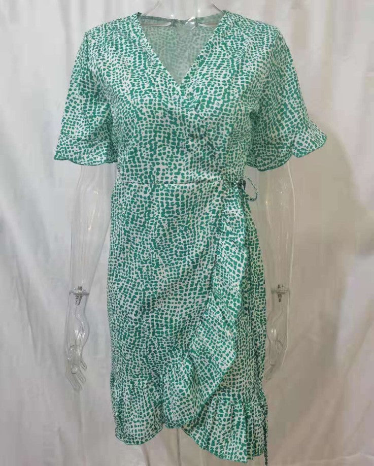 Printed V-Neck Tie High Waist Chiffon Floral Dress