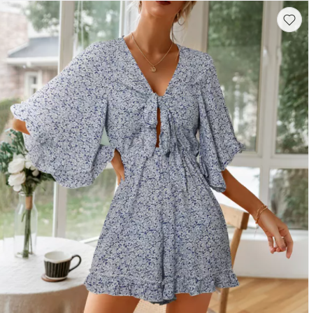 Ladies V-neck High-waisted Floral Wide-leg Pants