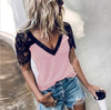 Women's Fur Lace V-Neck Panel Stripe T-Shirt