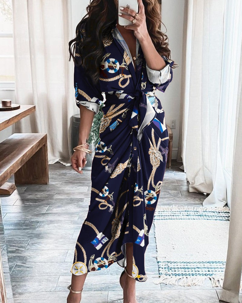 Long Sleeve V Neck Button Print  Long Dress Women's