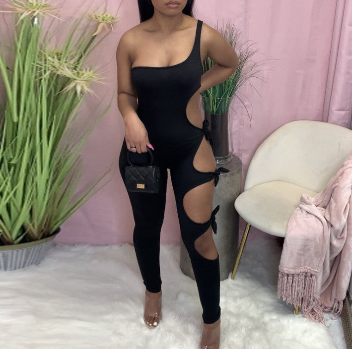 Fashion Sexy Side Cutout Straps One-shoulder Slim Fit Jumpsuit