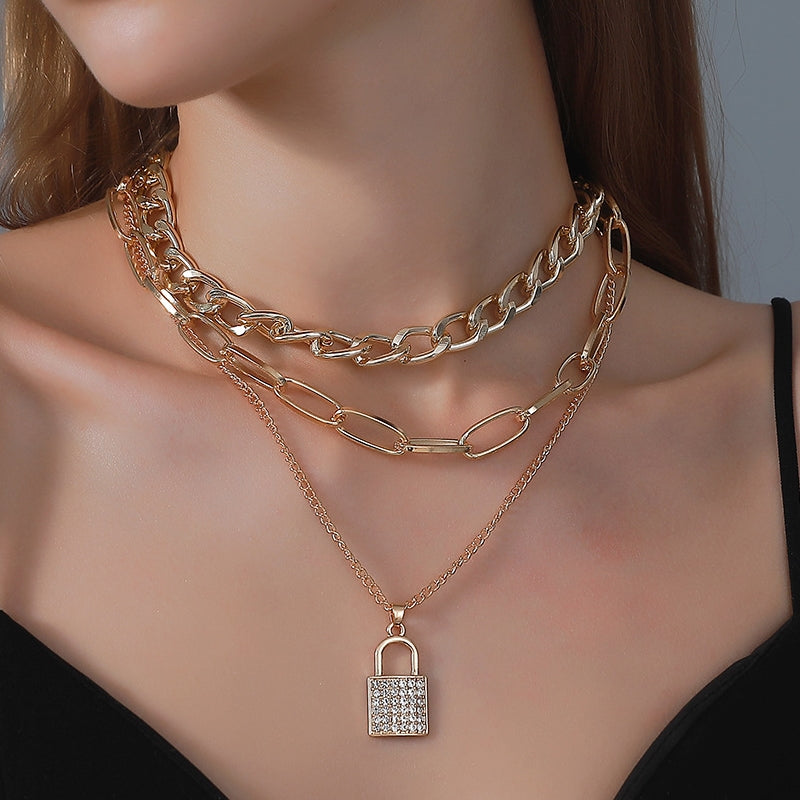 Lock-Shaped Temperament Micro-Inlaid 3-Layer Lock Pendant Multi-Layer Necklace