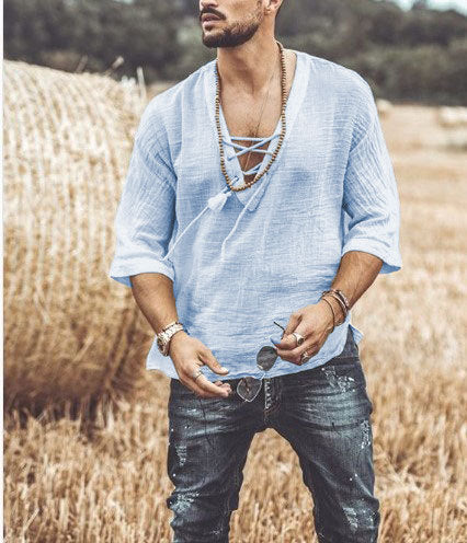 Men's Tie-Up Solid Color Mid-Sleeve T-Shirt Shirt