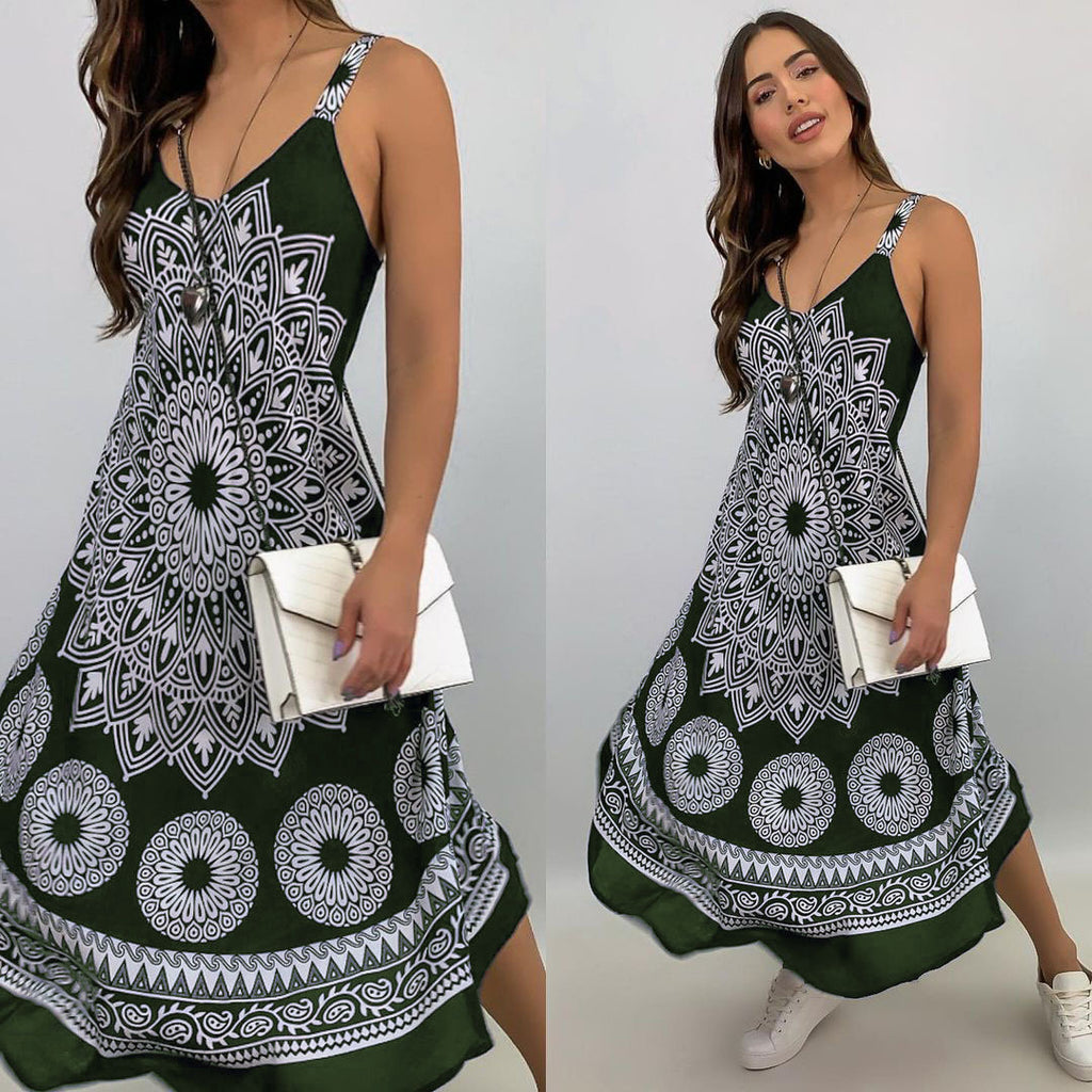 Summer Vintage Elegant Print V-neck Sleeveless Beach Party Long Dress