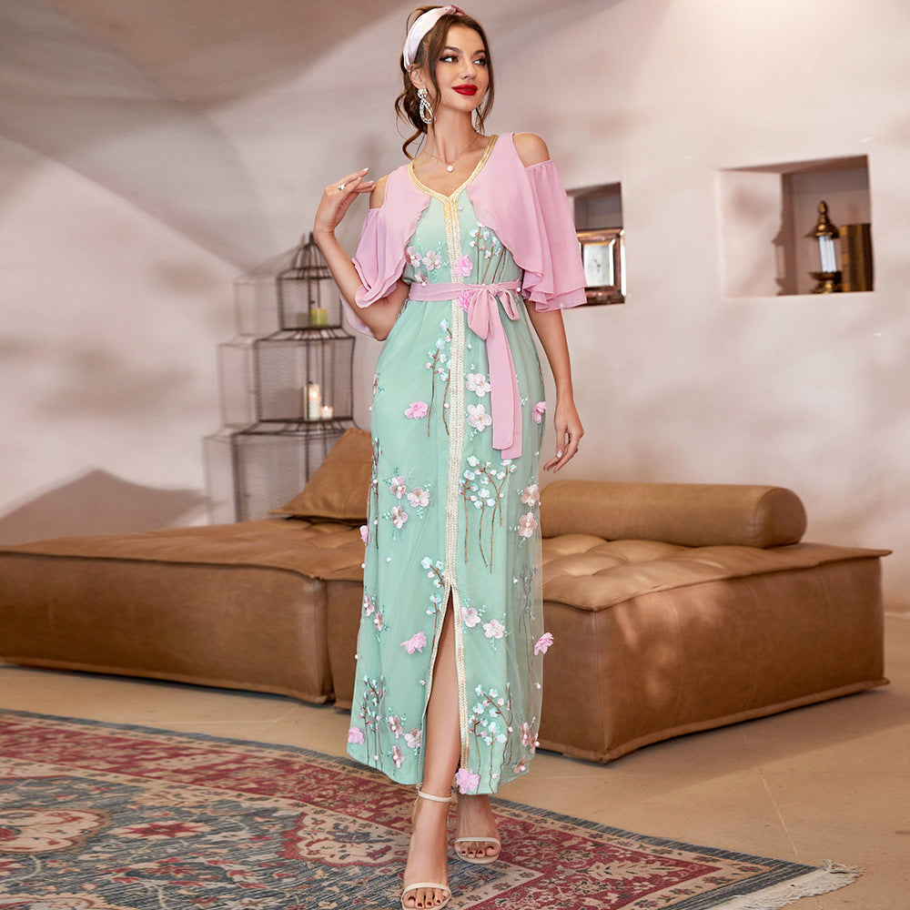New 3D Three-dimensional Embroidery Pink Flower Avocado Green Skirt