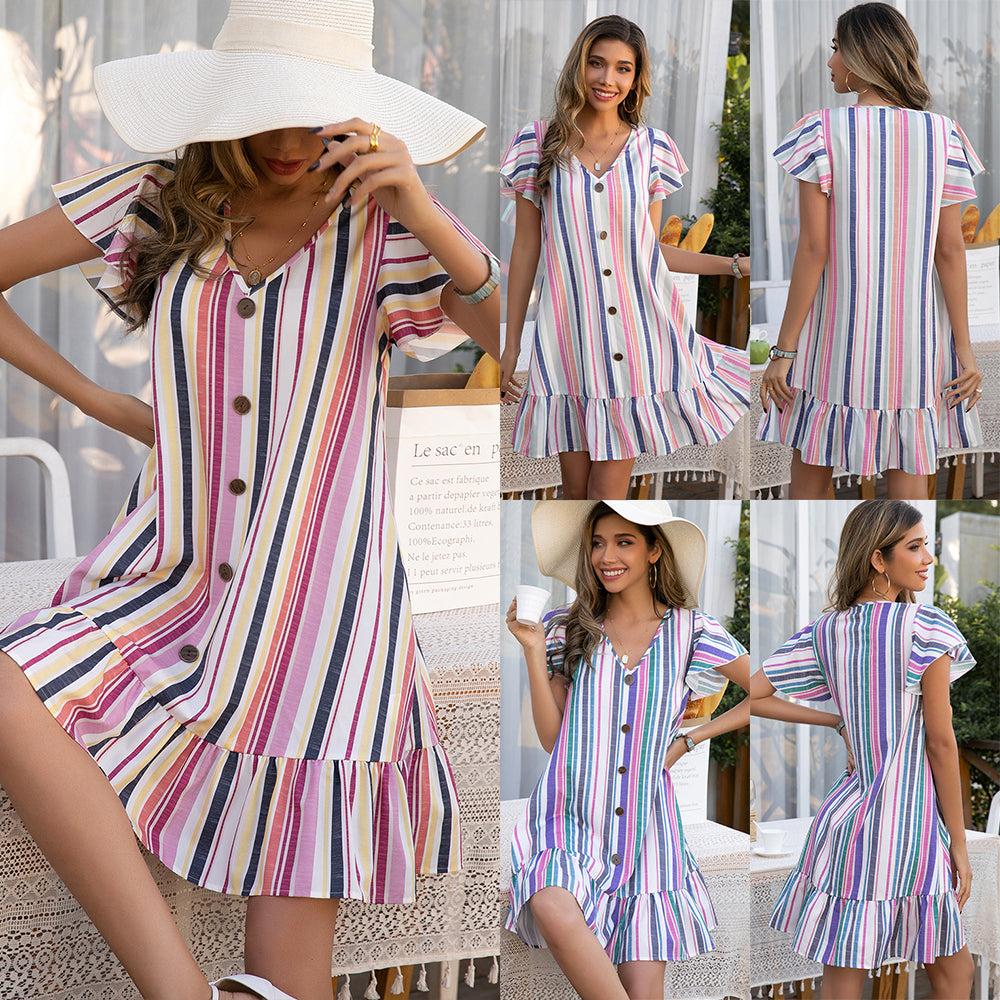 Women's Colorful Striped Print Ruffle Sleeve Dress