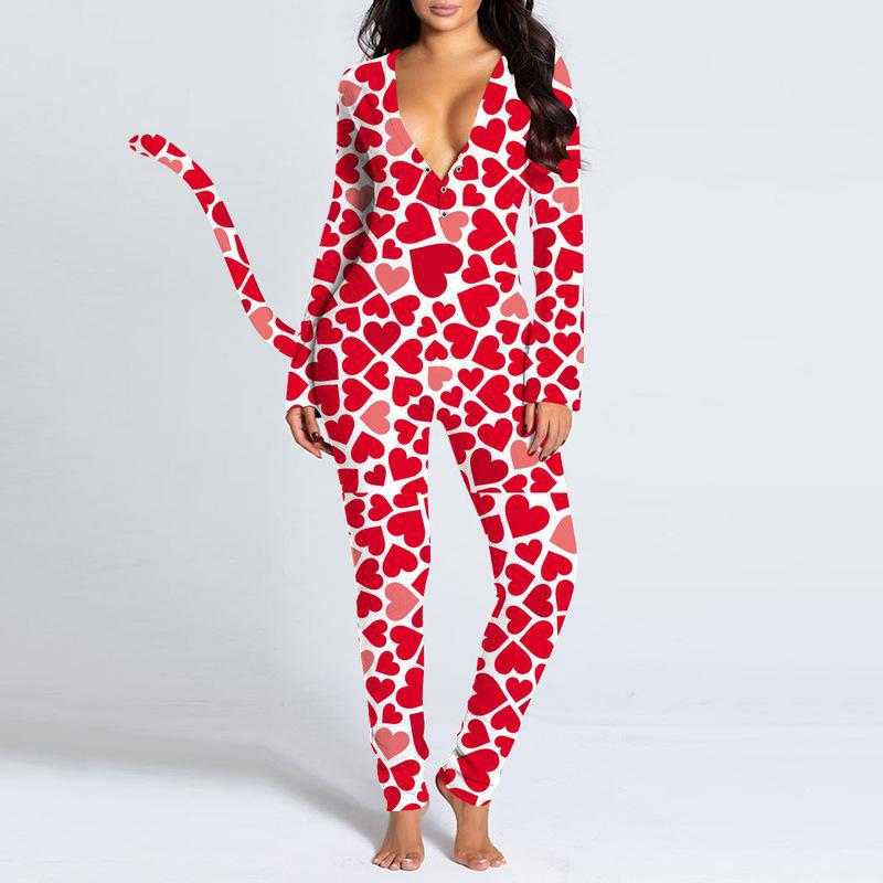Women's V-neck Digital Printing Long-sleeved Button Tail Bodysuit