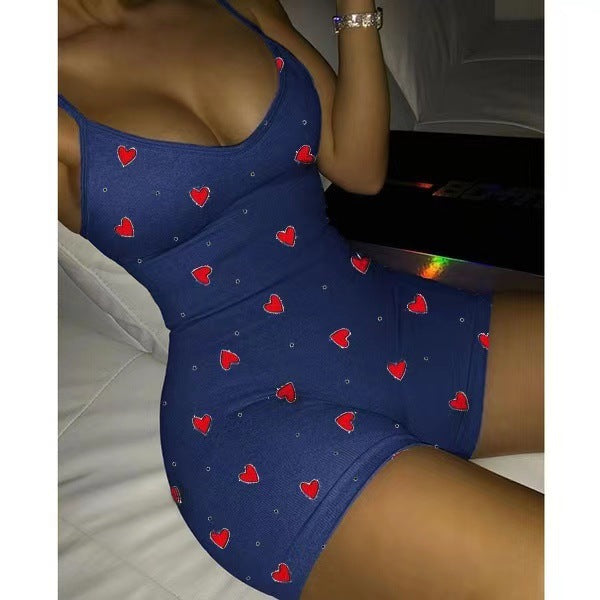 Sexy V-neck Peach Heart Print Suspender Jumpsuit Casual Women's Jumpsuit