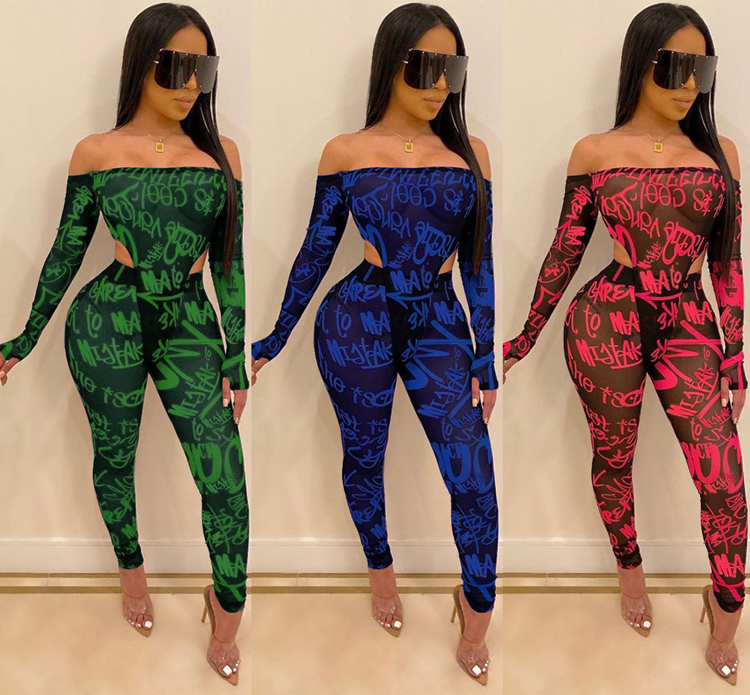 Letter print sexy word shoulder mesh suit