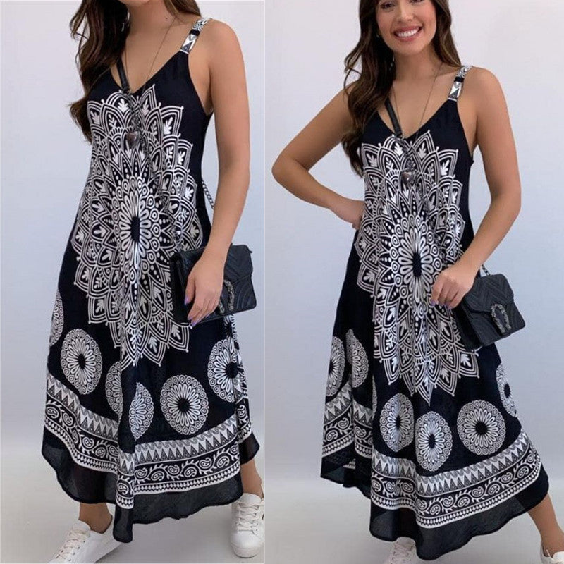 Summer Vintage Elegant Print V-neck Sleeveless Beach Party Long Dress