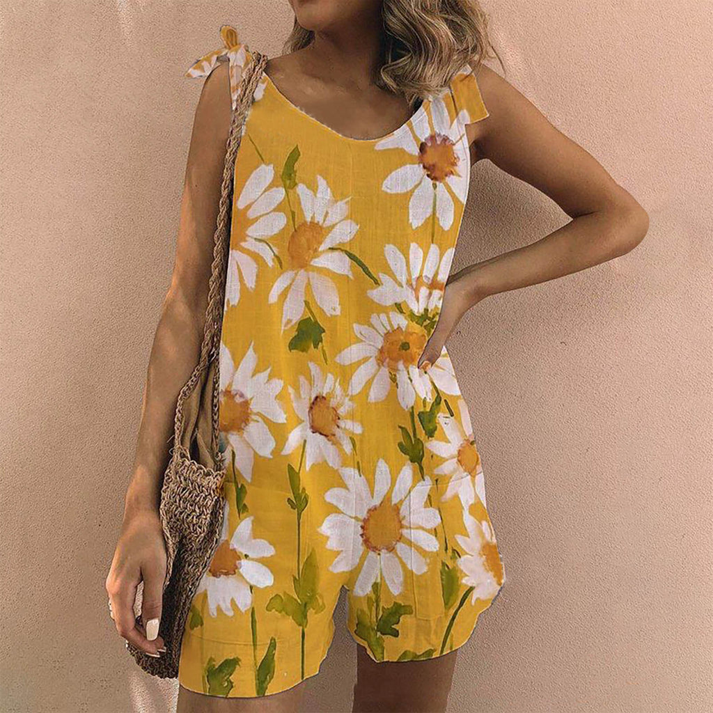 New Printed Cotton And Linen Slub Loose Style Jumpsuit