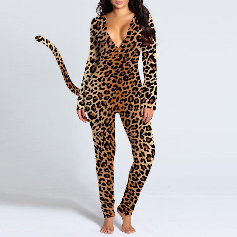 Women's V-neck Digital Printing Long-sleeved Button Tail Bodysuit