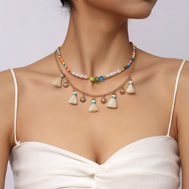Bohemian Handmade Rice Beads Tassel Multilayer Necklace