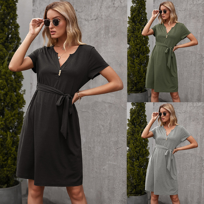 V-neck Waist And Slim Temperament Lace-up Short-sleeved Casual Dress Women