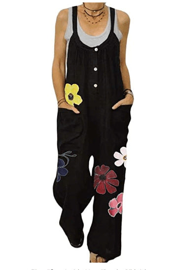 Ebay Foreign Trade Cotton And Linen Solid Color Elastic Button Jumpsuit