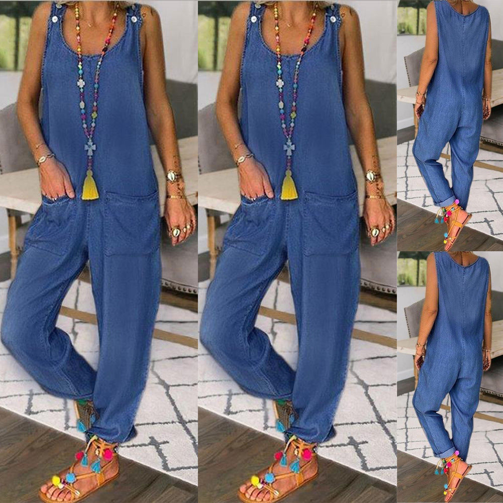 Solid Color Loose Denim Tencel Imitation Denim Temperament Jumpsuit