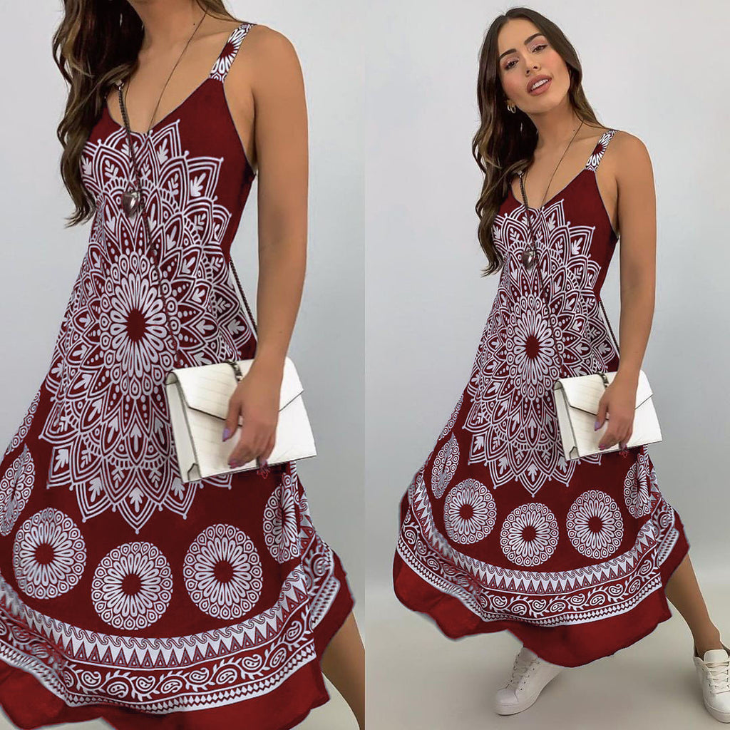 Summer Vintage Elegant Print V-neck Sleeveless Beach Party Long Dress