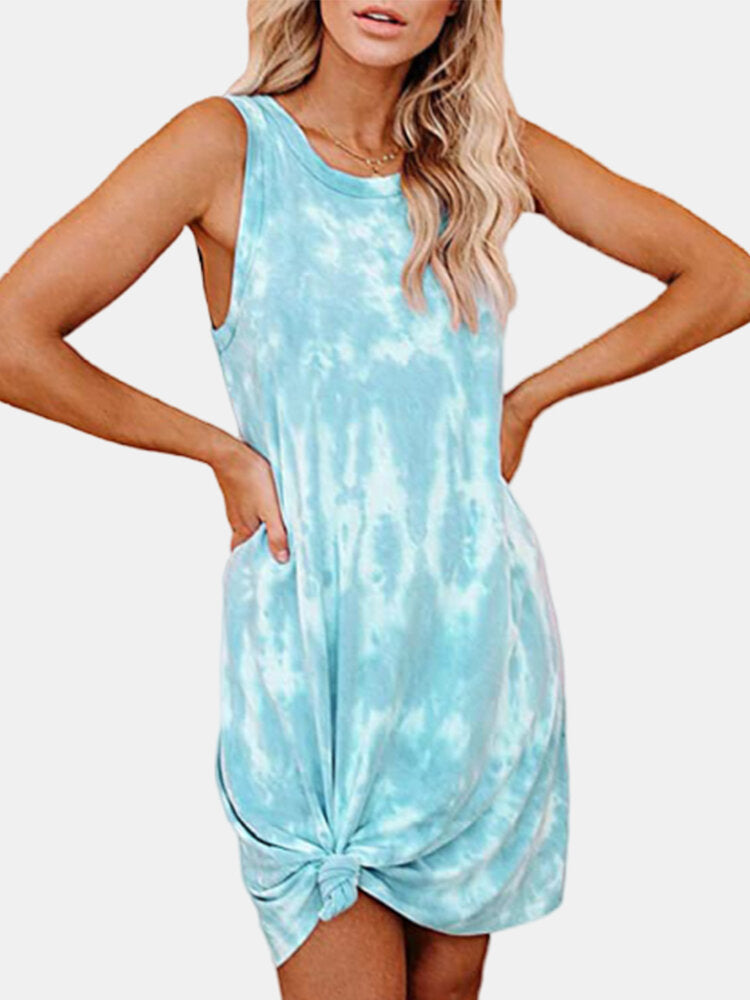 Women's Tie-Dye Print Swimsuit Beach Cover Ups Sleeveless Casual T Shirt Sundress Tank Dress