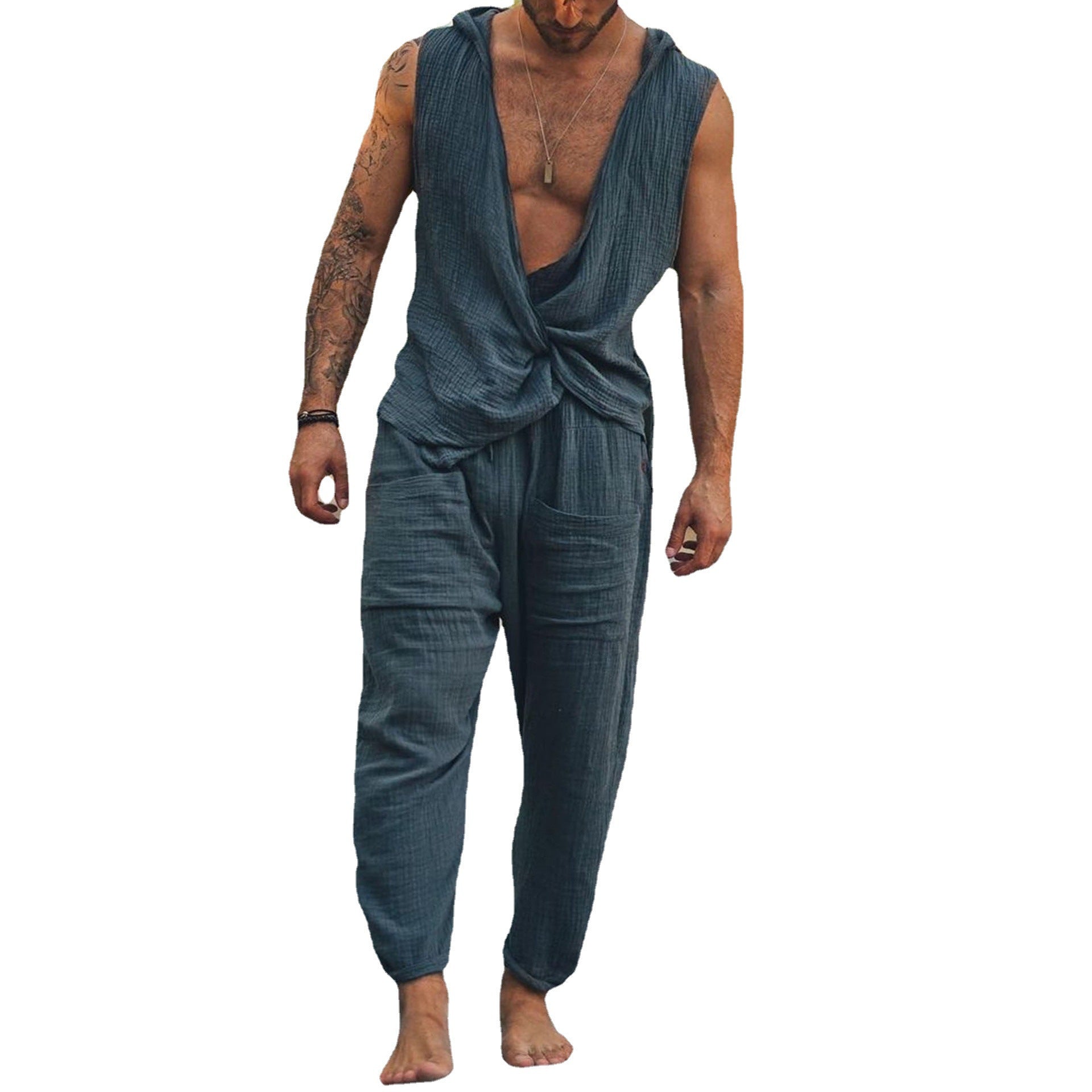 Ins Style Ordinary Cotton And Linen Sleeveless Hooded Vest Casual Suit