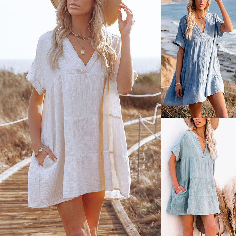 Pullover White Loose V Neck Dress