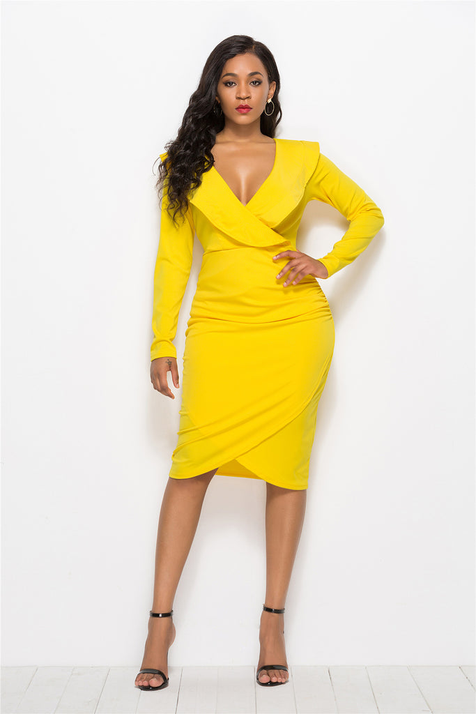 Sexy V-neck Ruffled Long-sleeve Hip Dress Women Girl Fashion