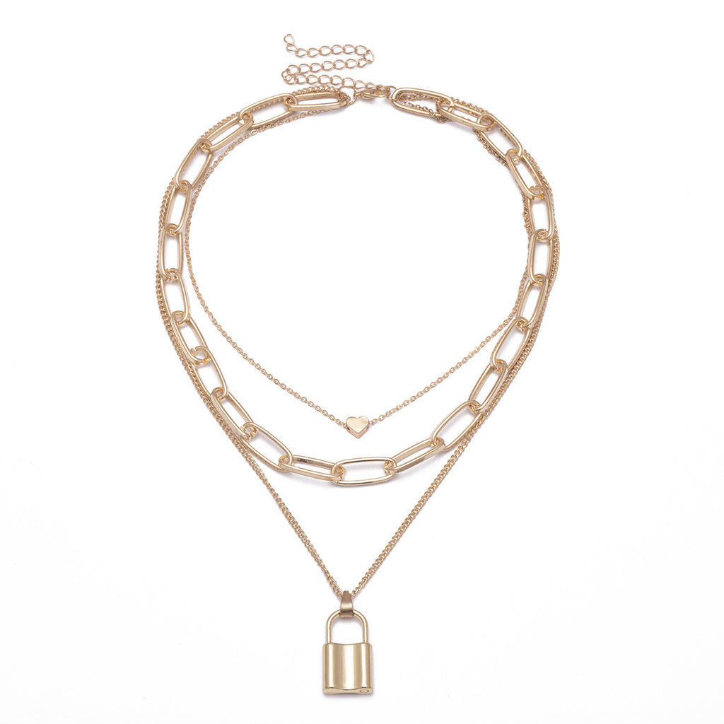 Punk Hip Hop Exaggerated Thick Chain Multilayer Lock Shape Love Necklace Summer Beauty